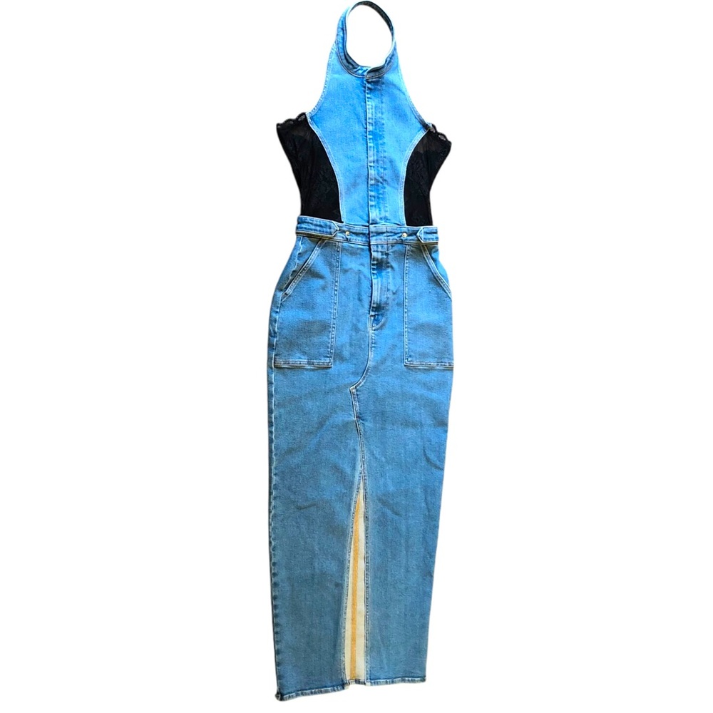 Good American Denim Halter Maxi Dress Lace Back